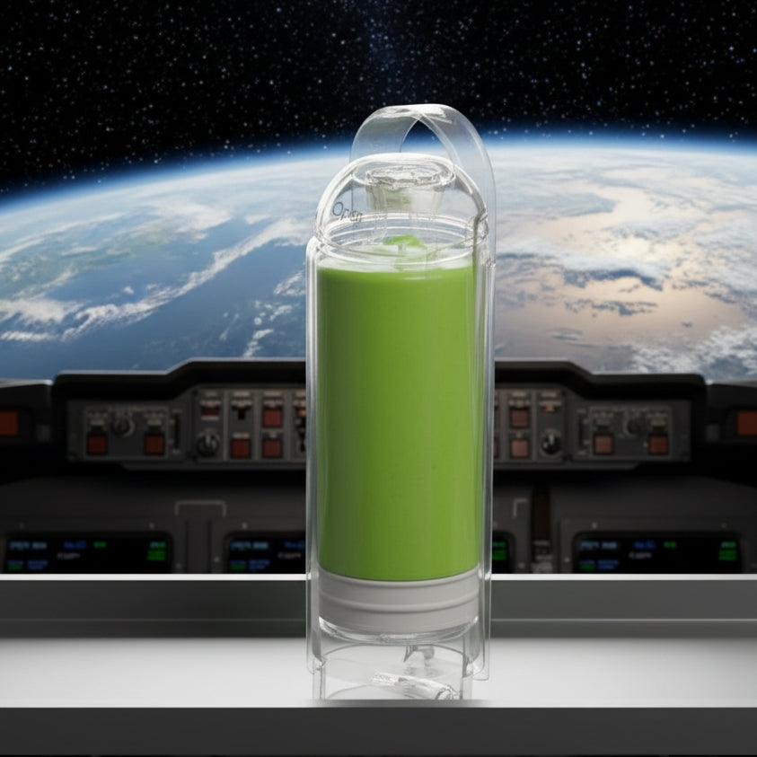 Green smoothie in a koor refillable with Earth in the background