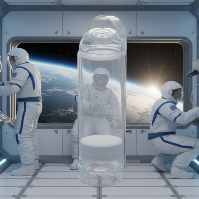 Space station interior with astronauts and a clear koor refillable bottle.