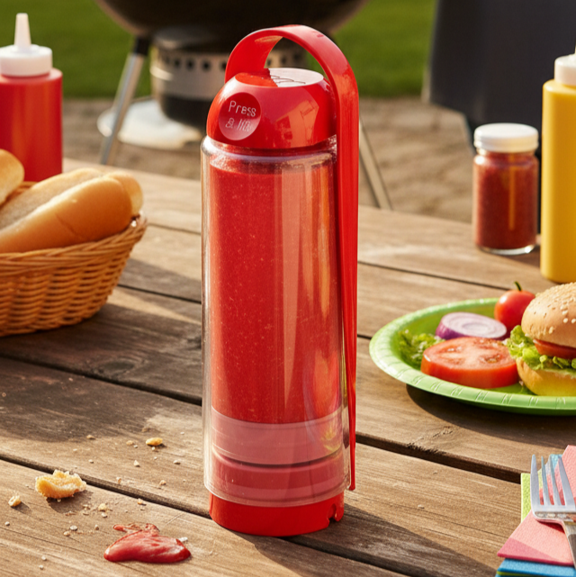 Red koor refillable bottle with on a wooden table with a grill and food in the background
