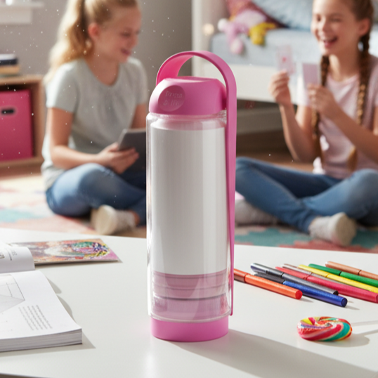 Two children in a bedroom with a pink koor refillable bottle on a table.