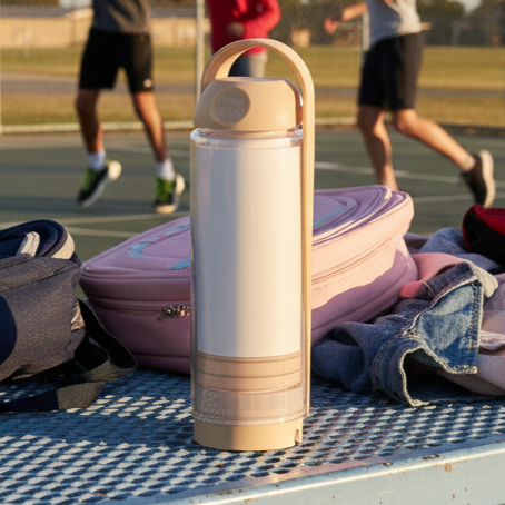 Table with a koor refillable bottle and sports equipment on a basketball court with people playing in the background