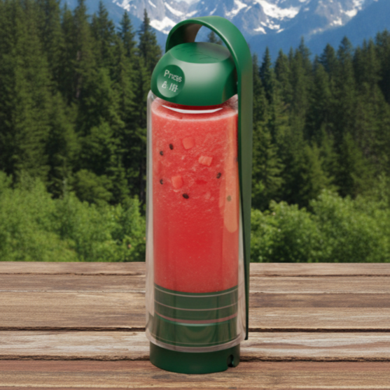 koor refill bottle with a colorful design on a wooden surface with a mountainous landscape in the background